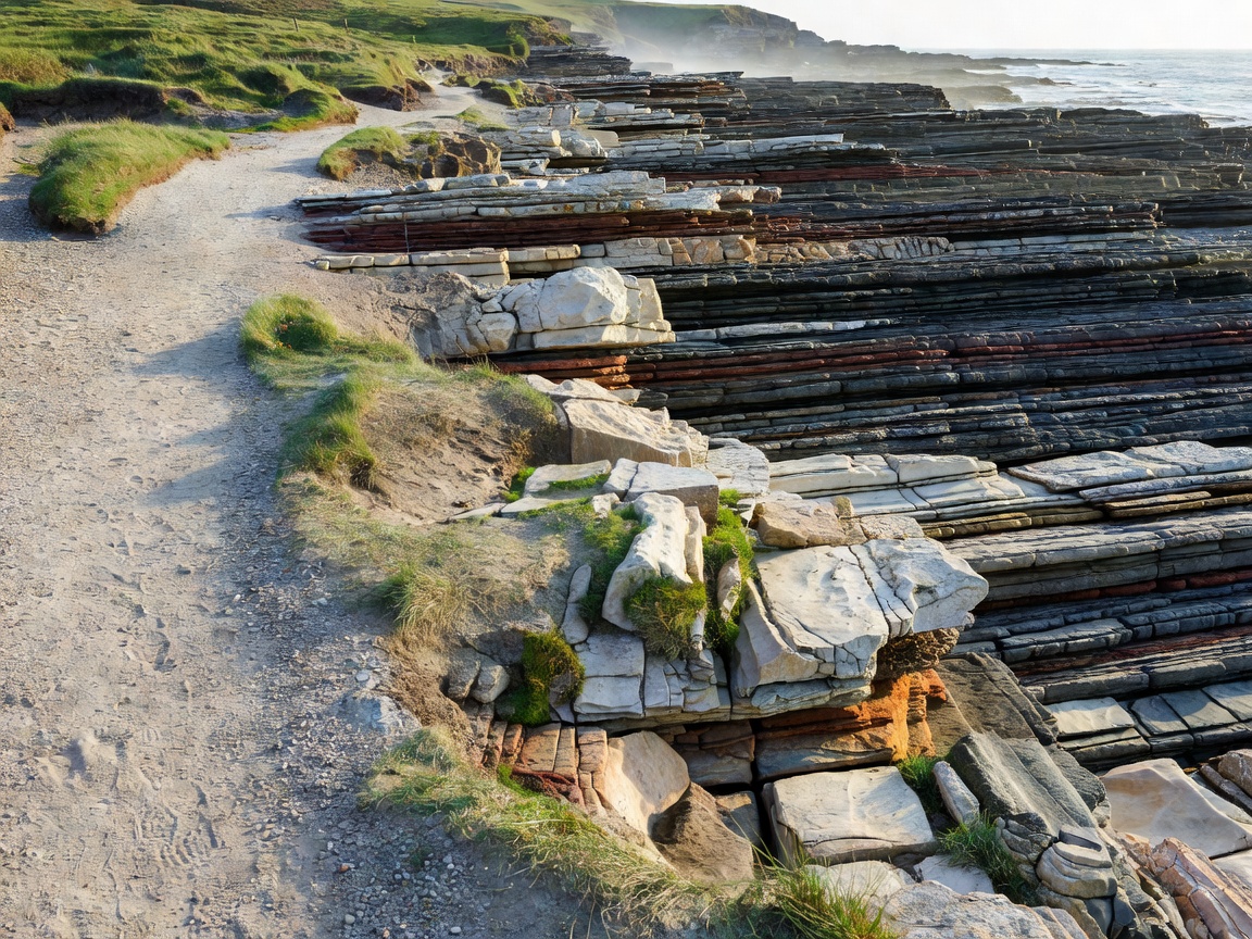 Bands of coastal rock visible beside an established landward walking path