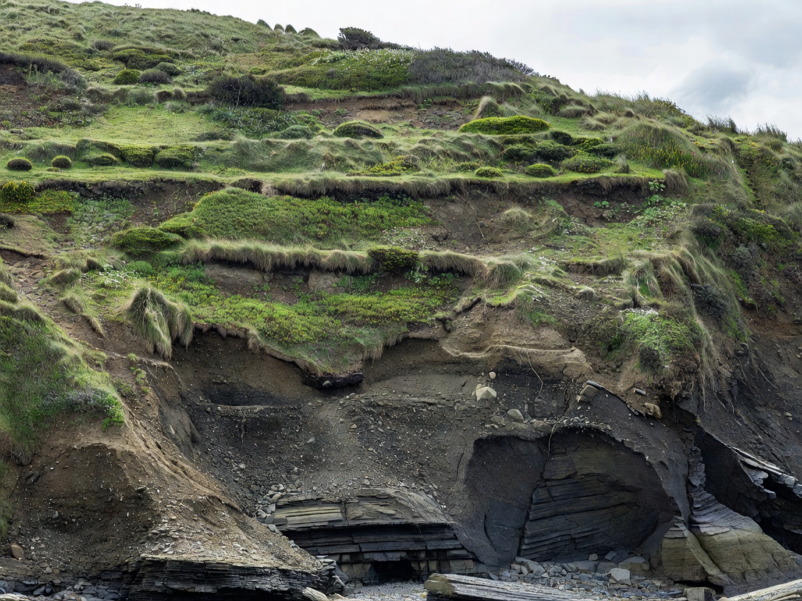 An uneven coastal slope with vegetated terraces above an exposed lower cliff