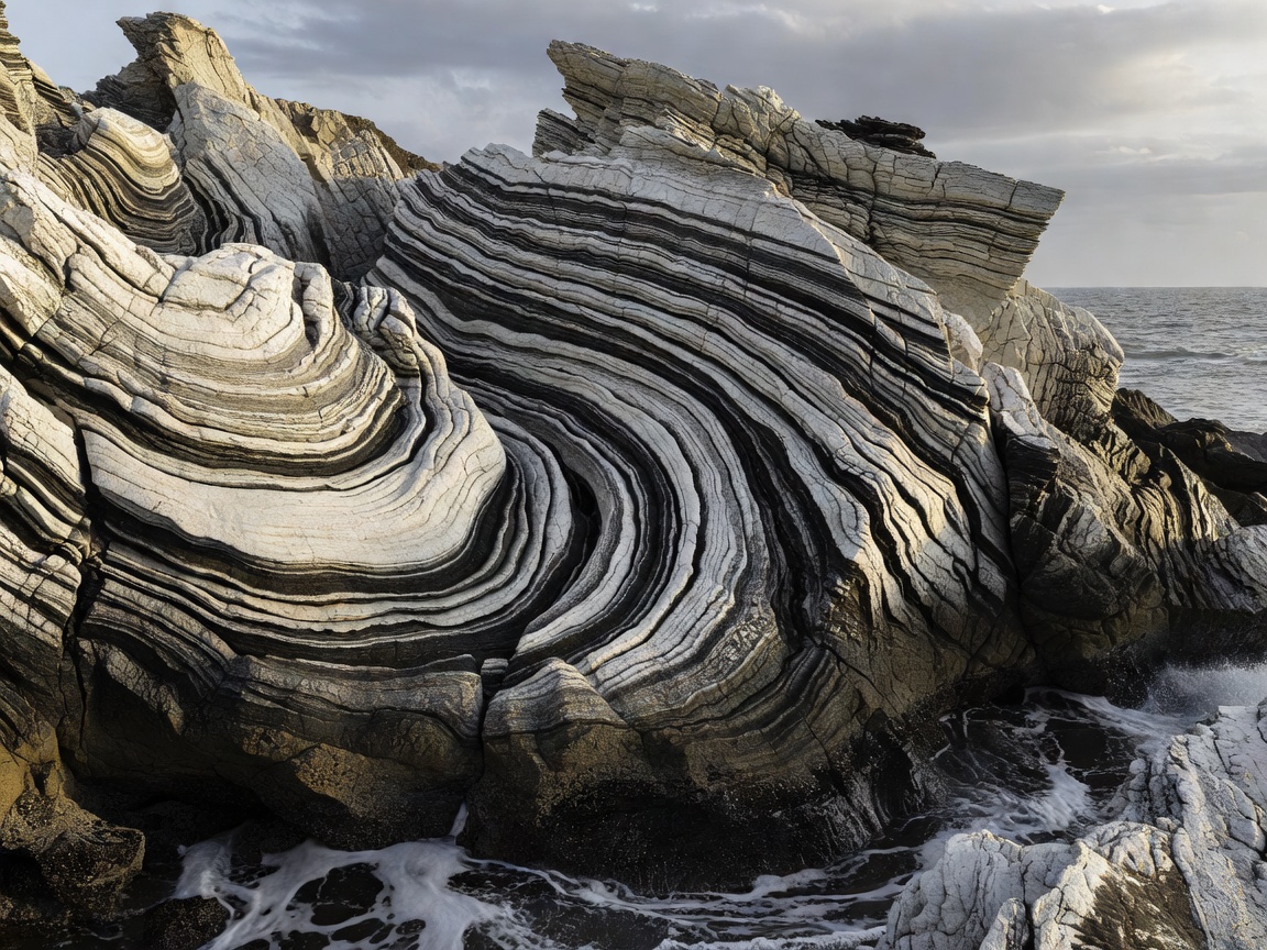 Pale and dark rock layers curving together in a coastal outcrop