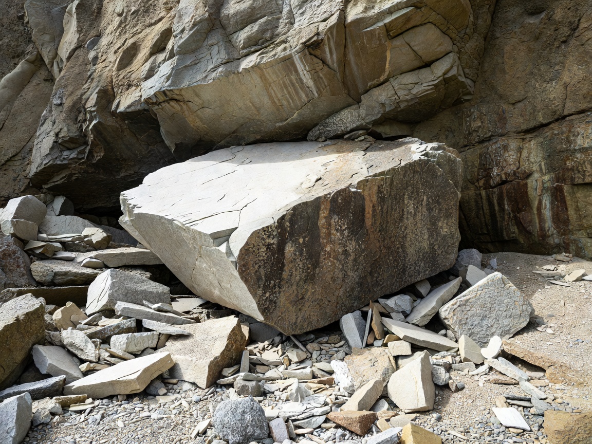 Angular fallen rock beneath a cliff with contrasting pale and weathered surfaces