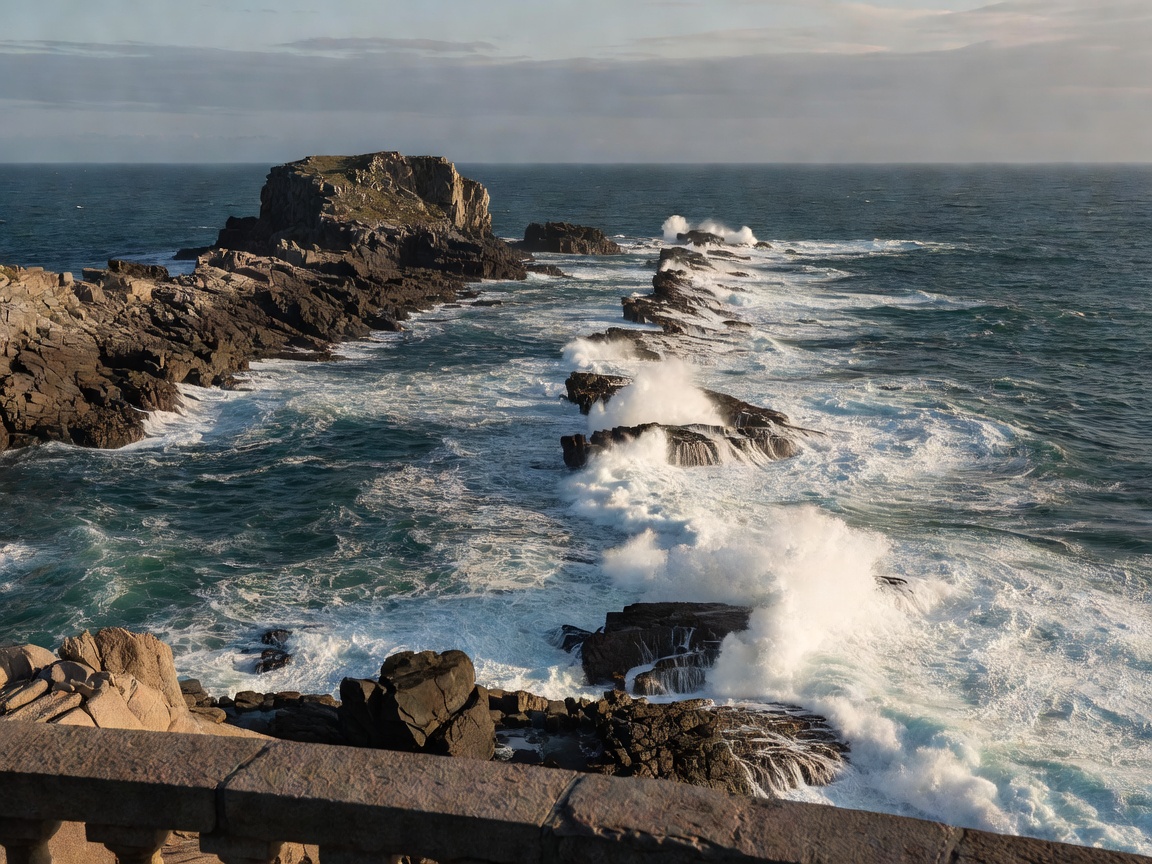 A rocky headland continuing seaward as a line of low offshore reefs