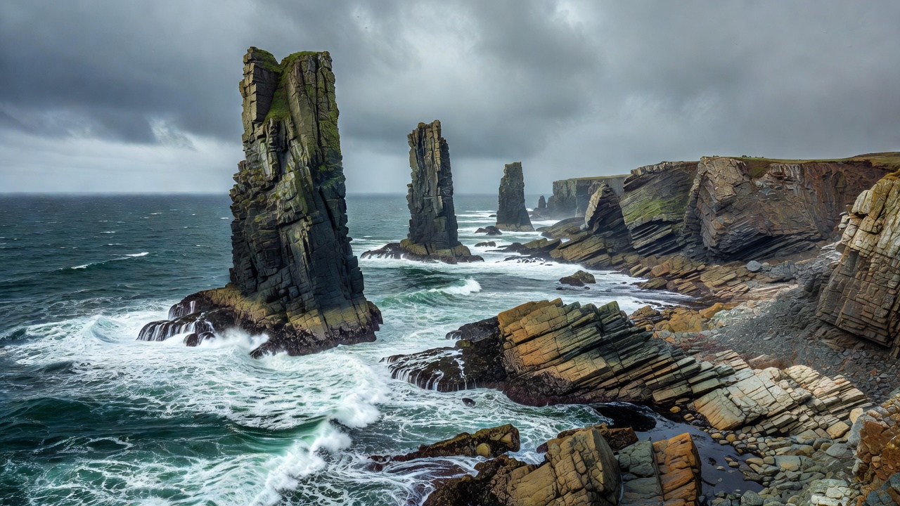 Tall isolated sea stacks beside a layered rocky coastline