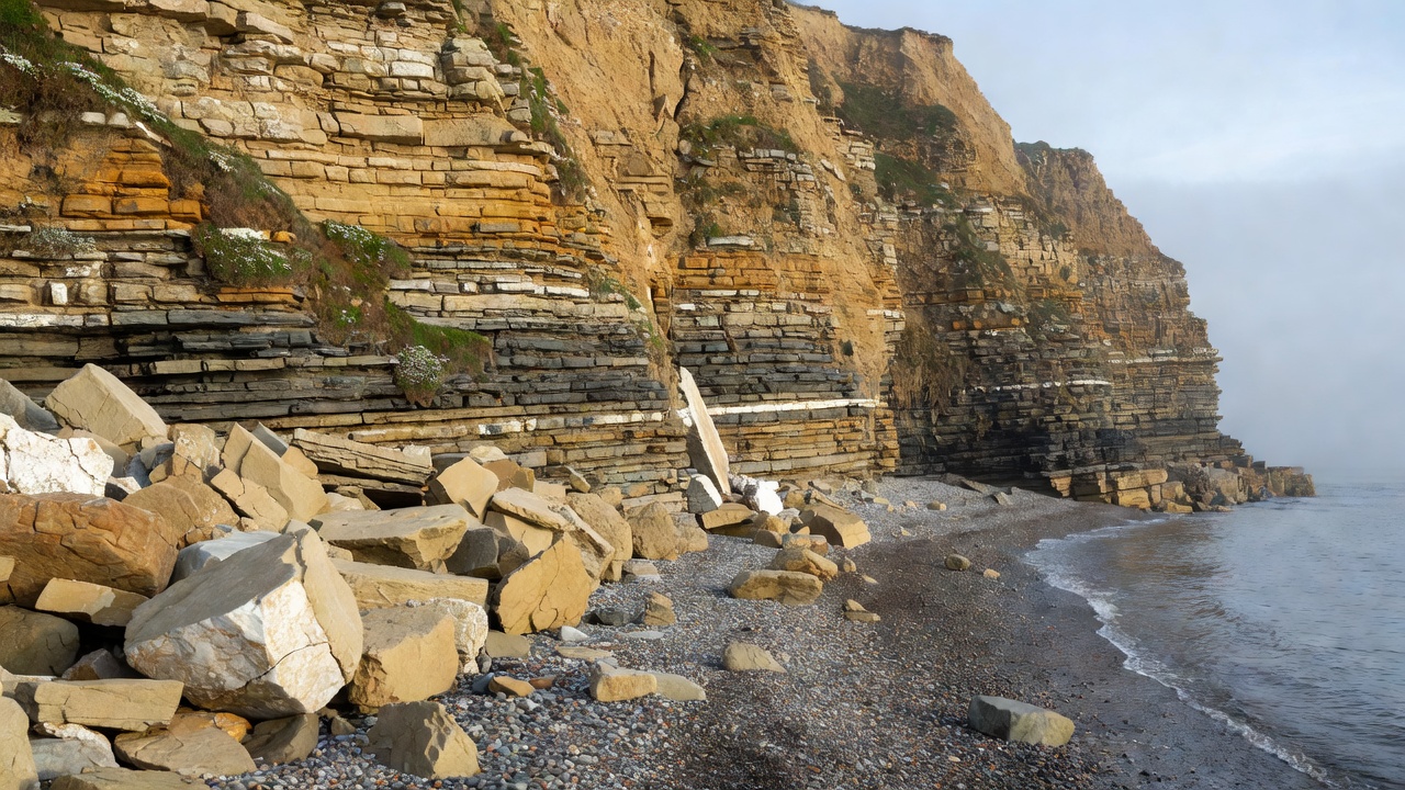 A layered coastal cliff rising above a narrow shore of shingle and fallen blocks