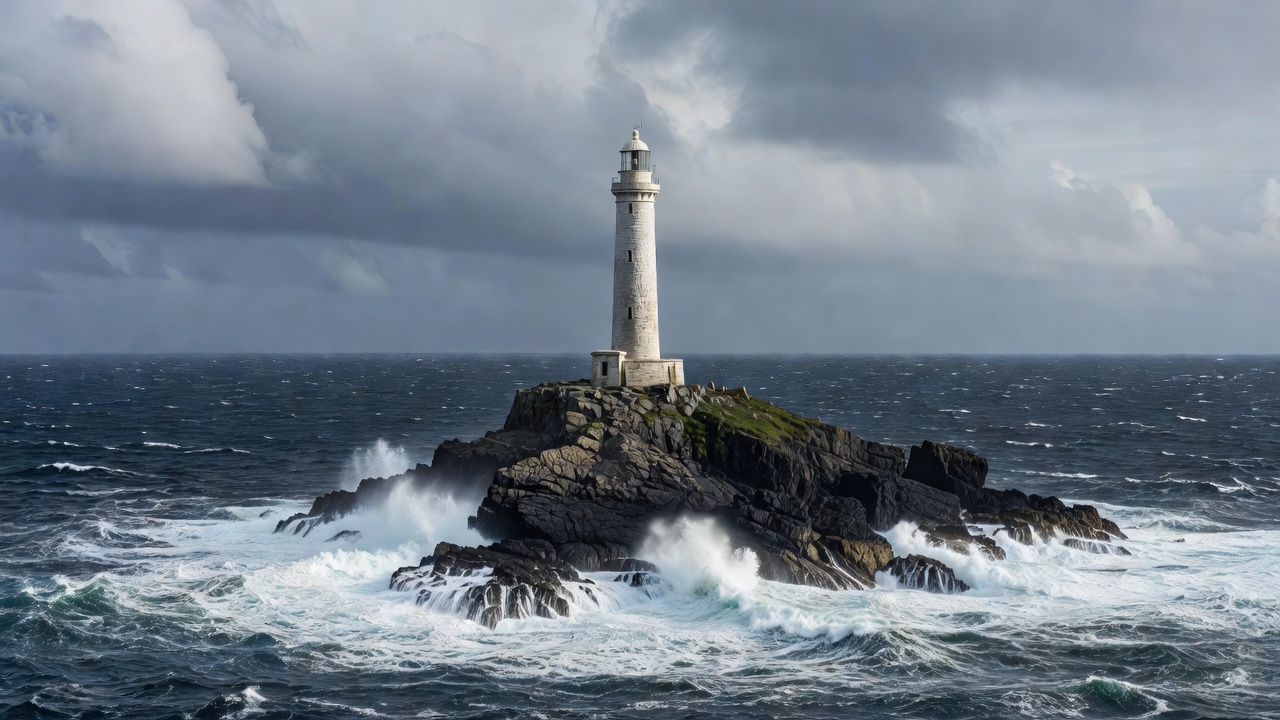 A pale lighthouse standing above a dark rocky headland and open sea