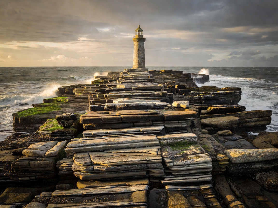 A distant lighthouse aligned with layered rock ledges along a rugged coast