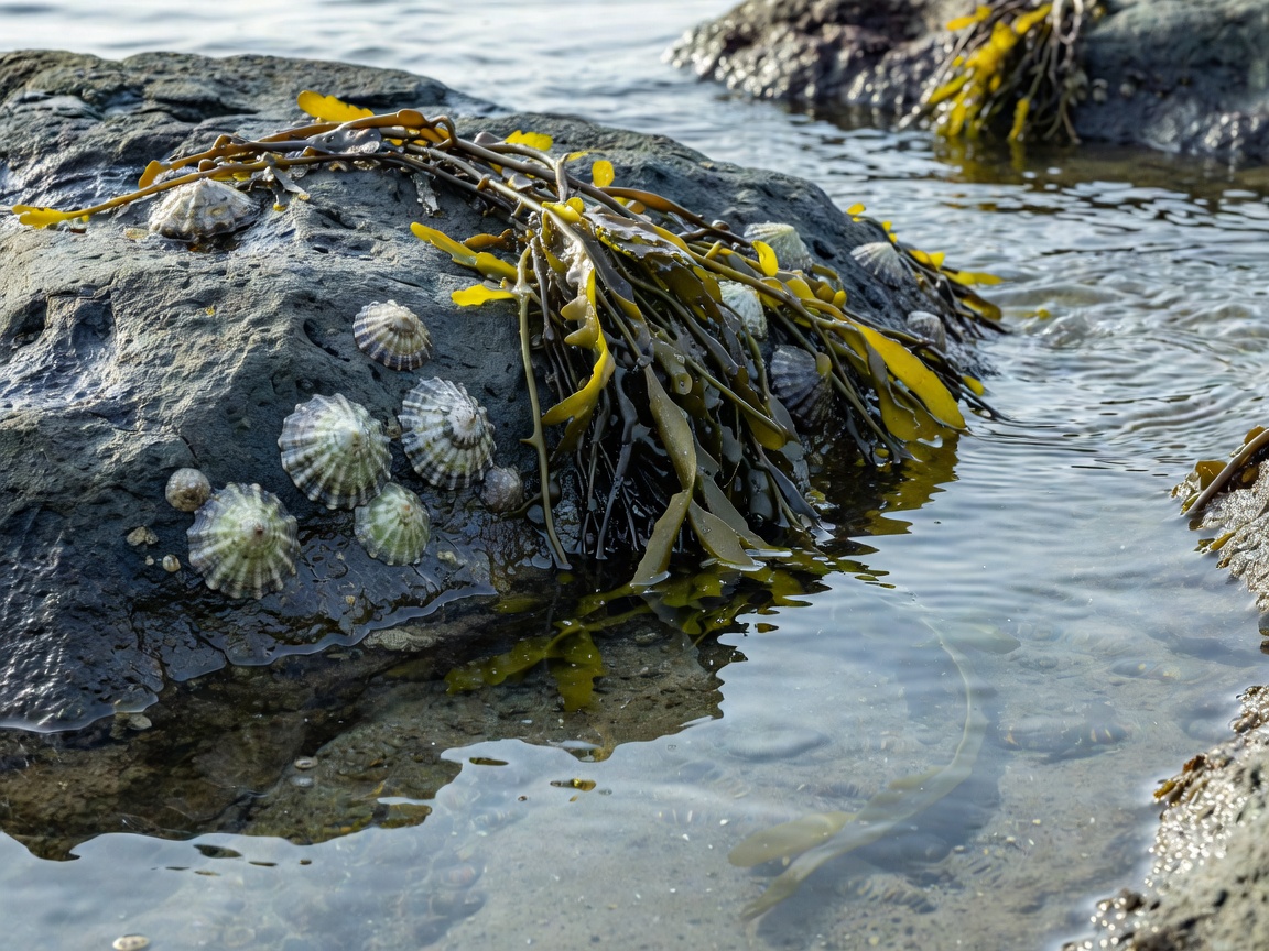 Limpets attached to wet rock beside a fringe of seaweed and shallow pool water