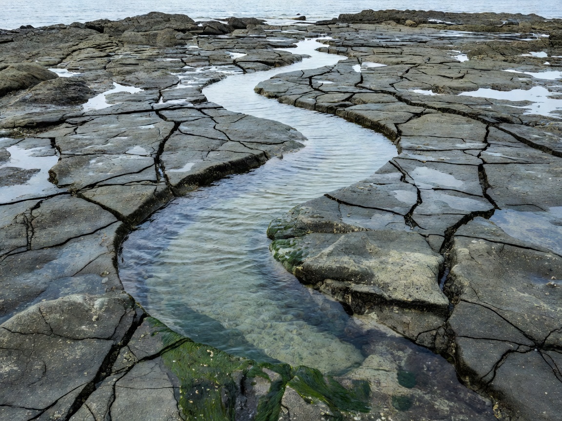 An elongated tidal pool following cracks across a flat rocky shore platform
