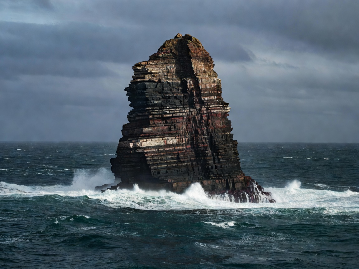 A solitary sea stack with horizontal bands visible across its dark face