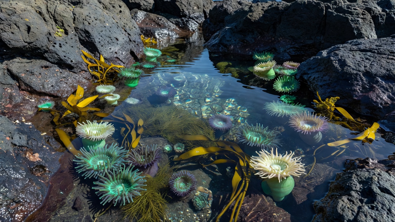 Clear water in a tidal rock pool revealing anemones and seaweed against dark stone